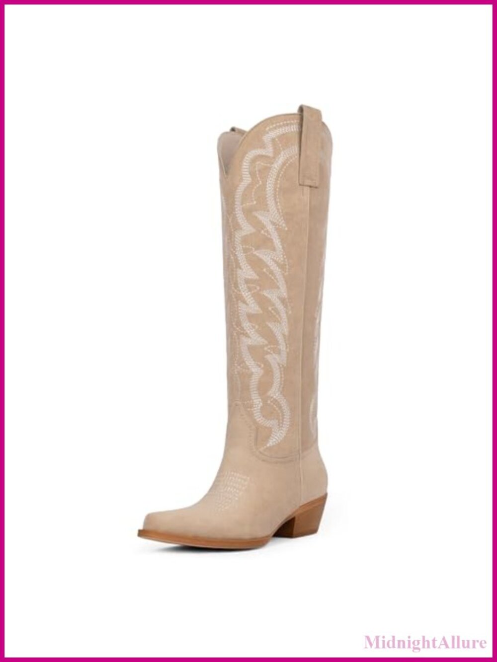 Women Knee High Western Cowboy Boots Chunky Heel Pointed Toe Wide Calf